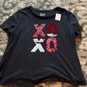 Fleurish Black Tee with Red and Silver Sequin XO